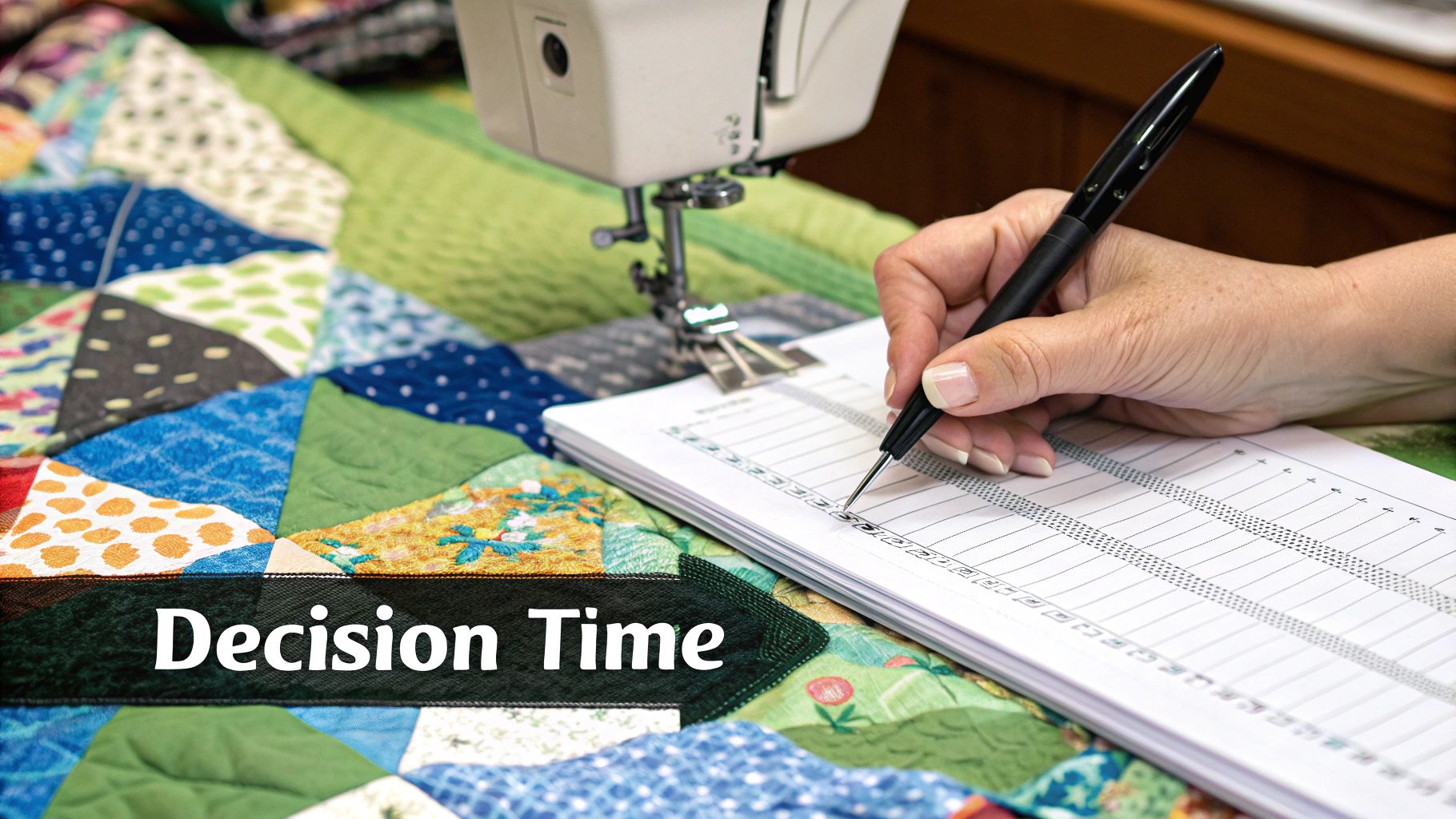 A quilter carefully guiding a large, colorful quilt through a sewing machine.