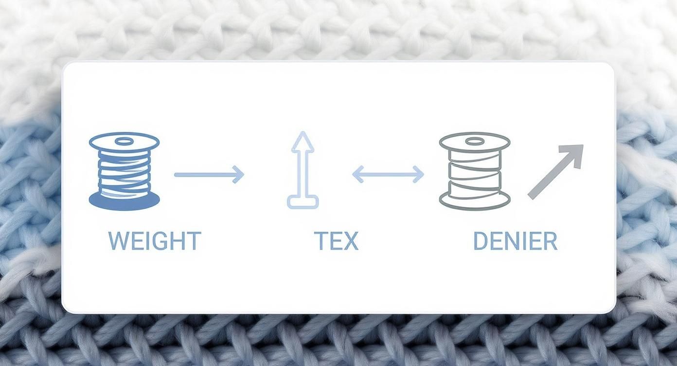 Diagram showing relationship between thread weight, tex measurement, and denier with spool illustrations and arrows