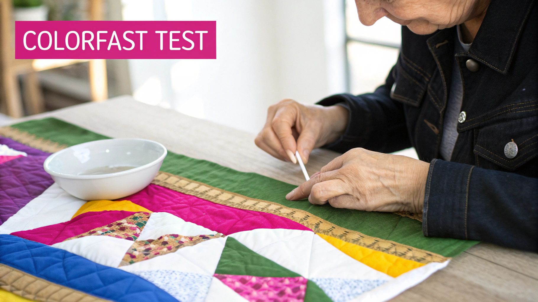 An elderly person performs a colorfast test on a handmade, colorful patchwork quilt with a cotton swab and a bowl of water.