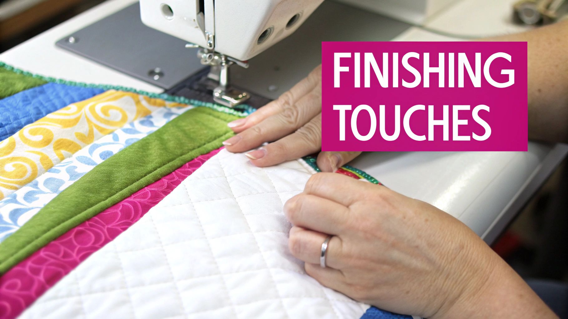 A detailed close-up shot of a sewing machine stitching the binding onto a colorful quilt.