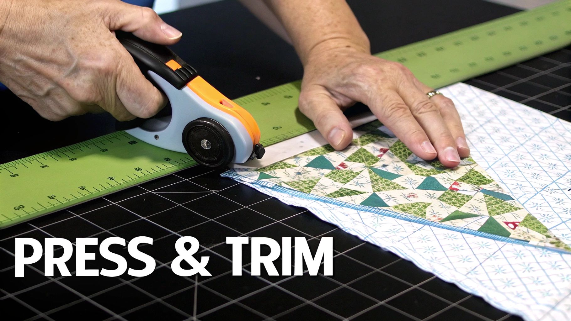 Close-up of hands using a rotary cutter and green ruler to trim patterned fabric on a black mat.