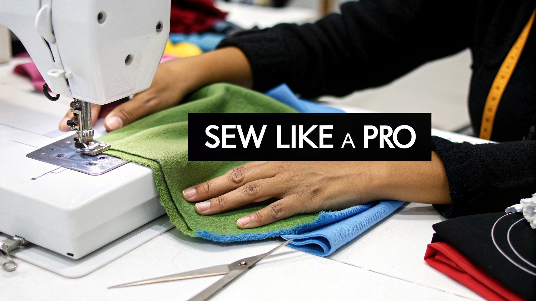 Close-up of hands guiding green fabric under a sewing machine needle with 'SEW LIKE A PRO' text.