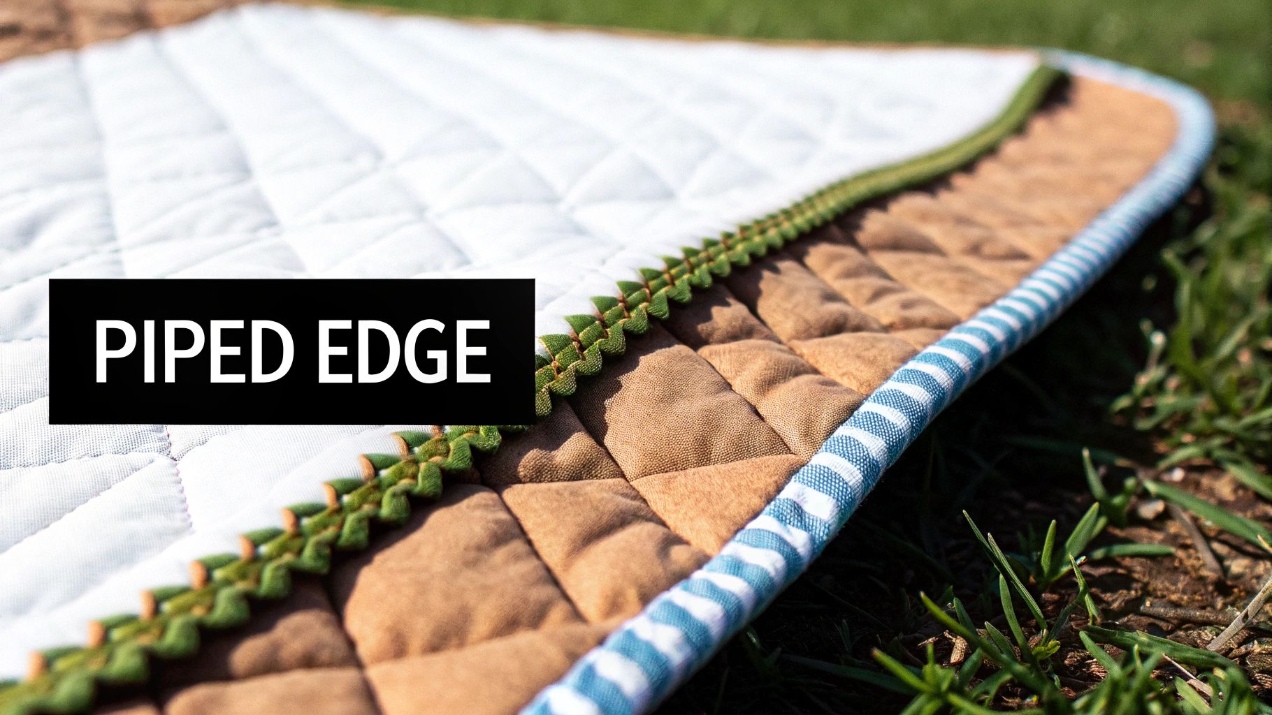 Close-up of a quilted mat on grass, featuring white, brown, green ruffled, and blue striped piped edges.