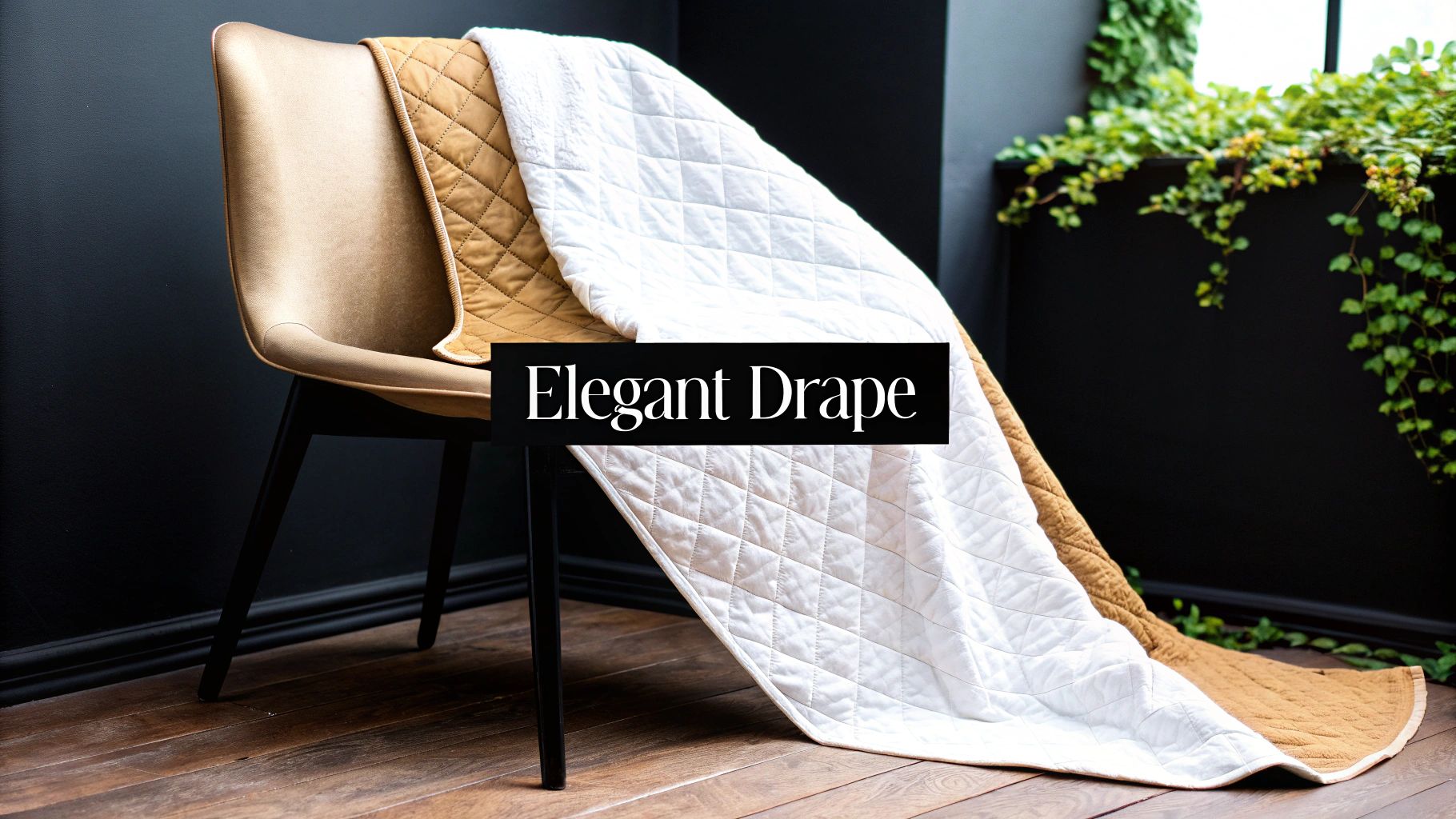 Reversible quilted throw blanket with white and gold sides draped over modern chair