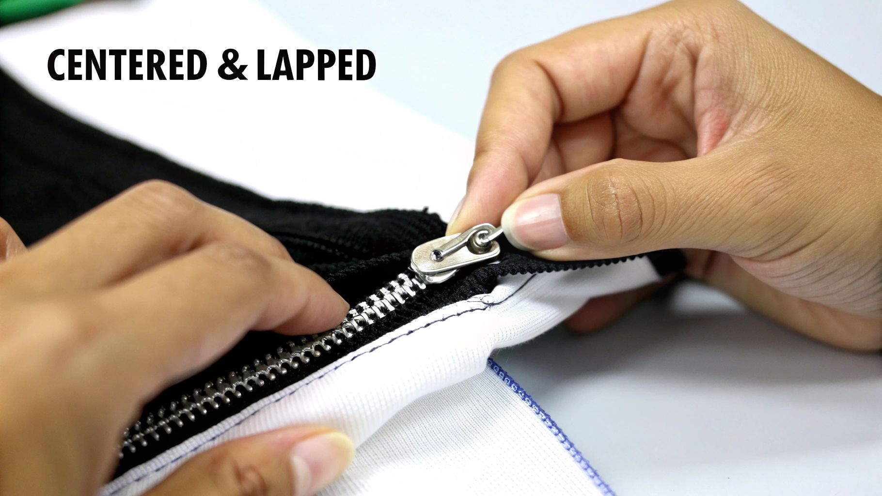 Close-up of hands pulling a silver zipper on a black and white fabric, demonstrating centered and lapped technique.