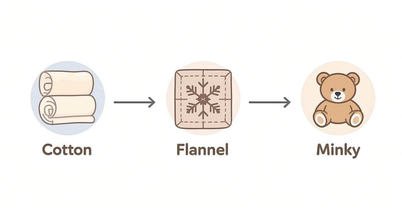 An illustration showing cotton fabric, transitioning to flannel with a snowflake, then to a soft minky teddy bear.