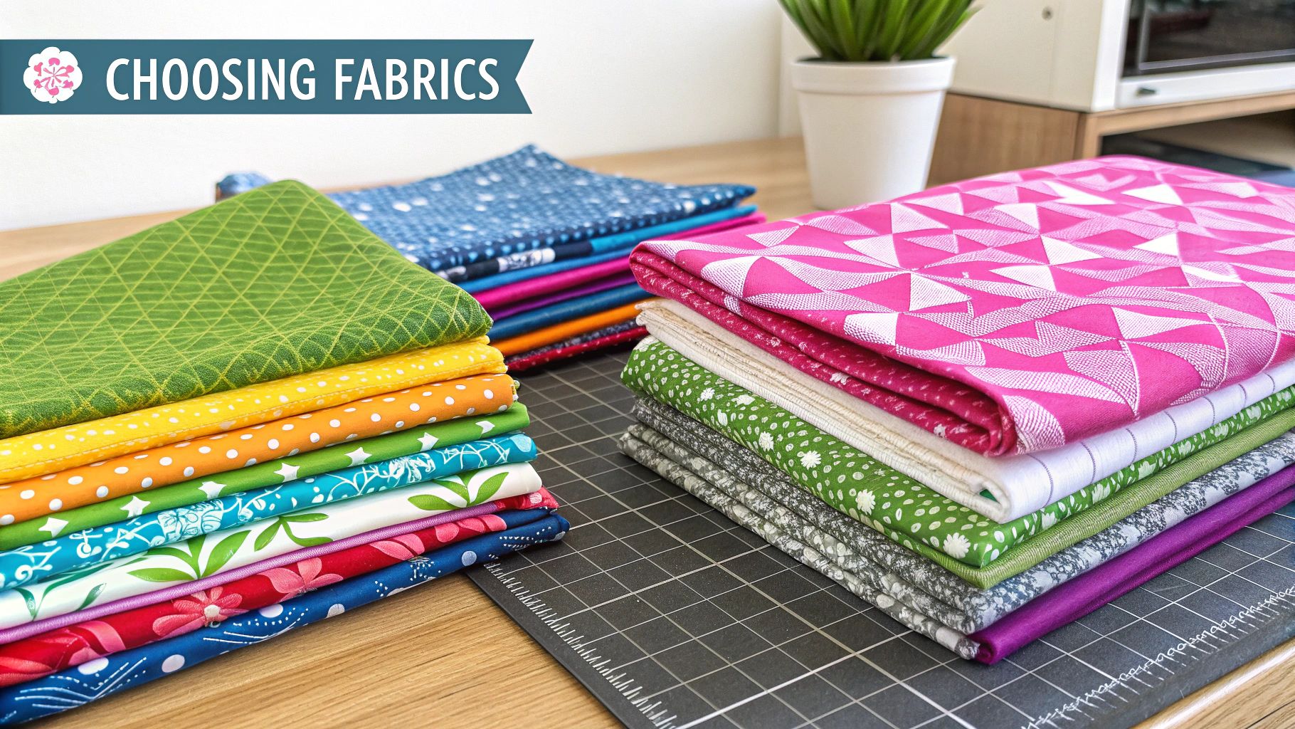 A vibrant and colorful array of quilting fabrics and tools laid out on a table.