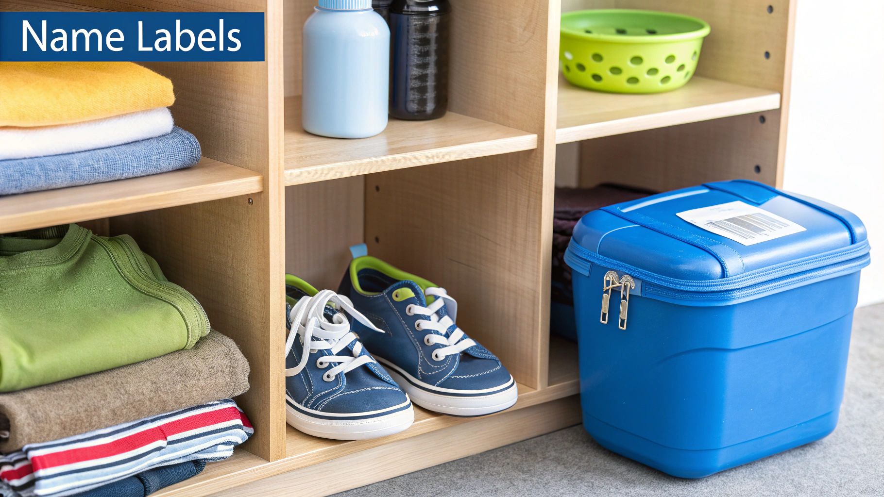 A well-organized daycare cubby with folded clothes, children's shoes, bottles, and a blue storage box.