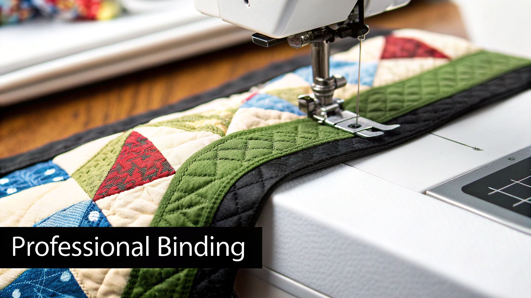 A sewing machine precisely stitches a professional green and black binding onto a colorful patchwork quilt.
