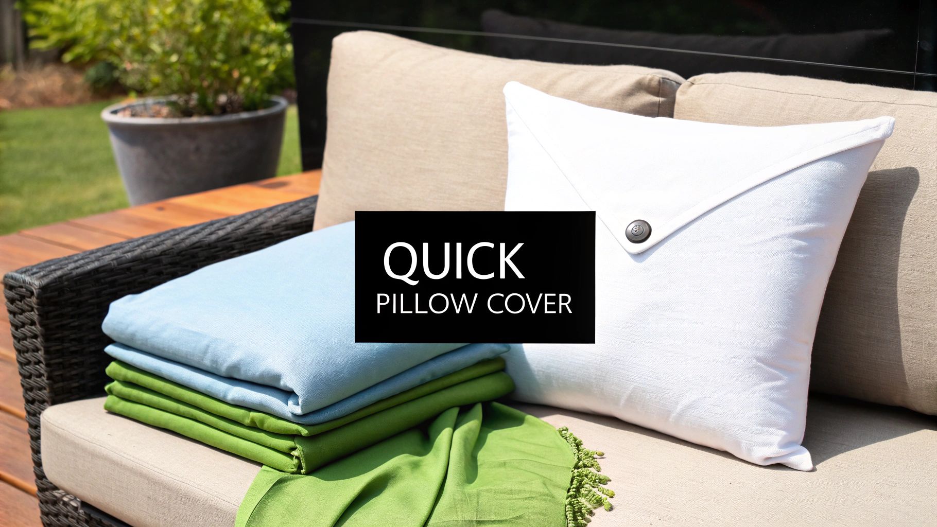 Outdoor sofa with beige pillows, a white quick pillow cover with button, and folded blue and green fabrics.