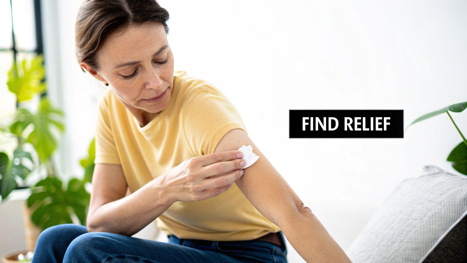 A woman applies a white pain relief patch to her upper arm while sitting, with text 'FIND RELIEF'.