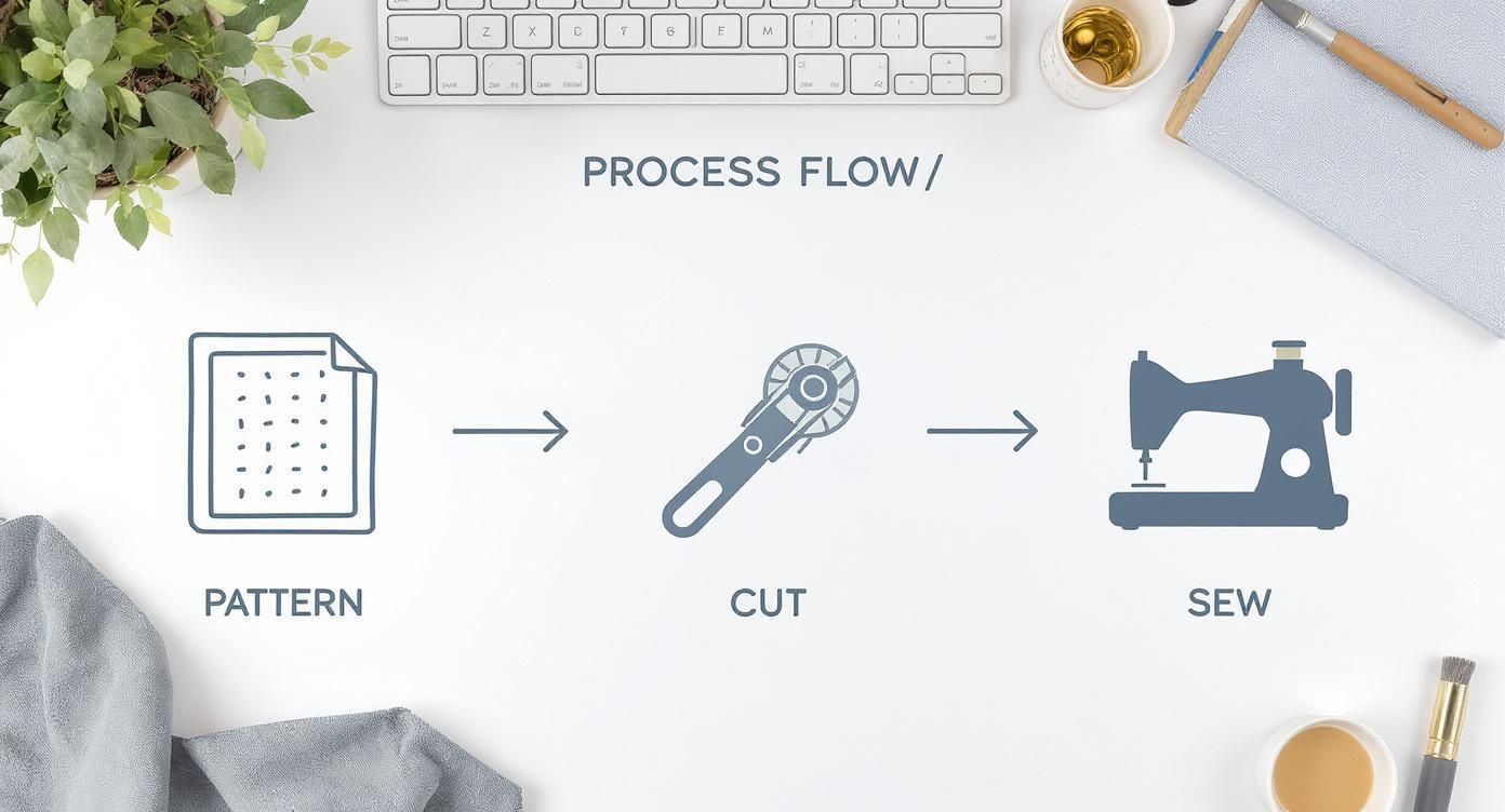 Flat lay showing a sewing process flow: pattern, cut, and sew, with related tools.