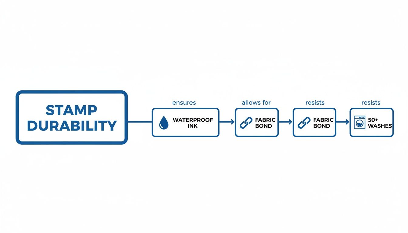 Flowchart illustrating stamp durability, showing waterproof ink allowing for fabric bond and resisting over 50 washes.