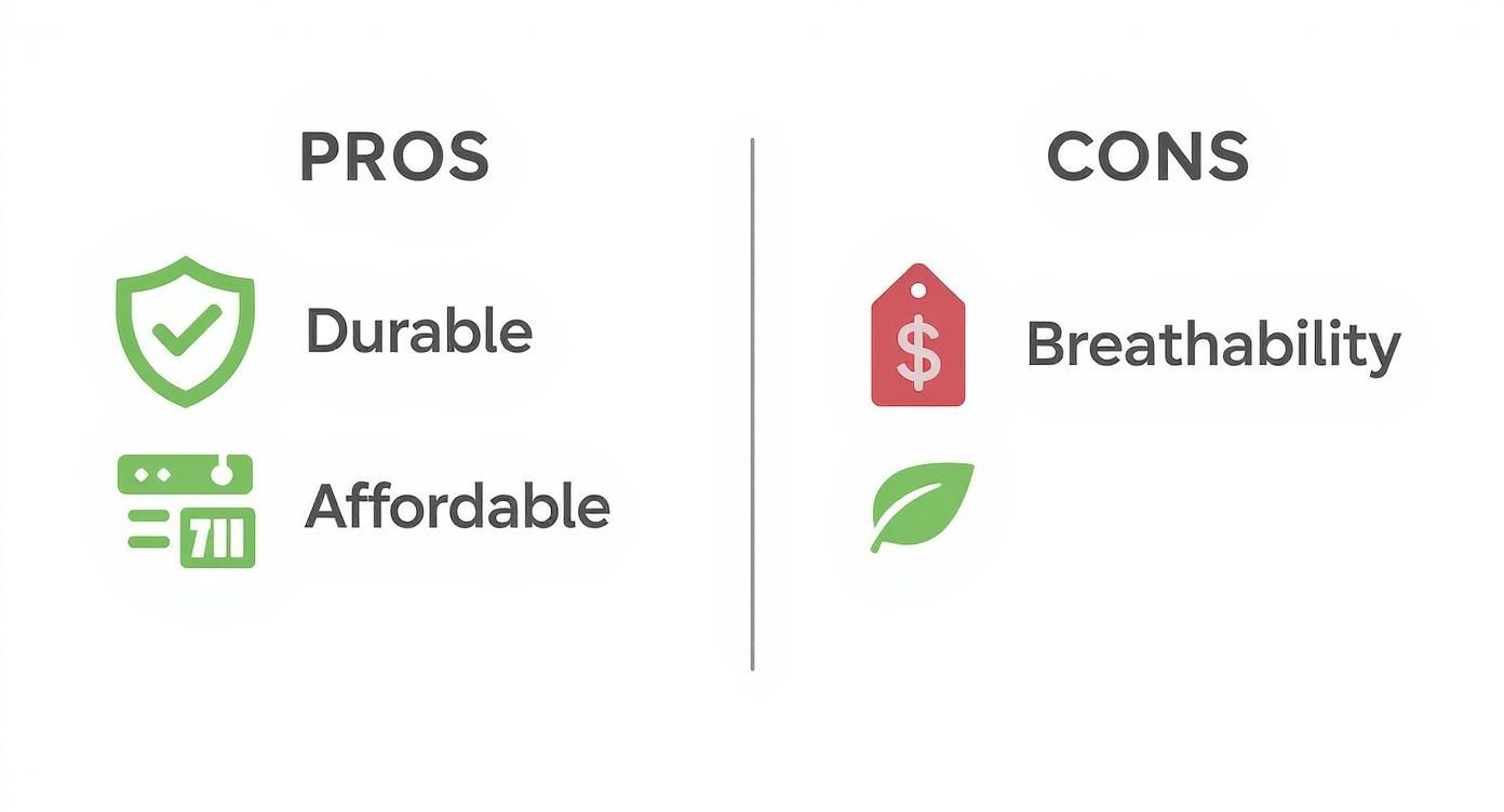 A graphic listing pros (Durable, Affordable) and cons (Breathability) for a product or material.