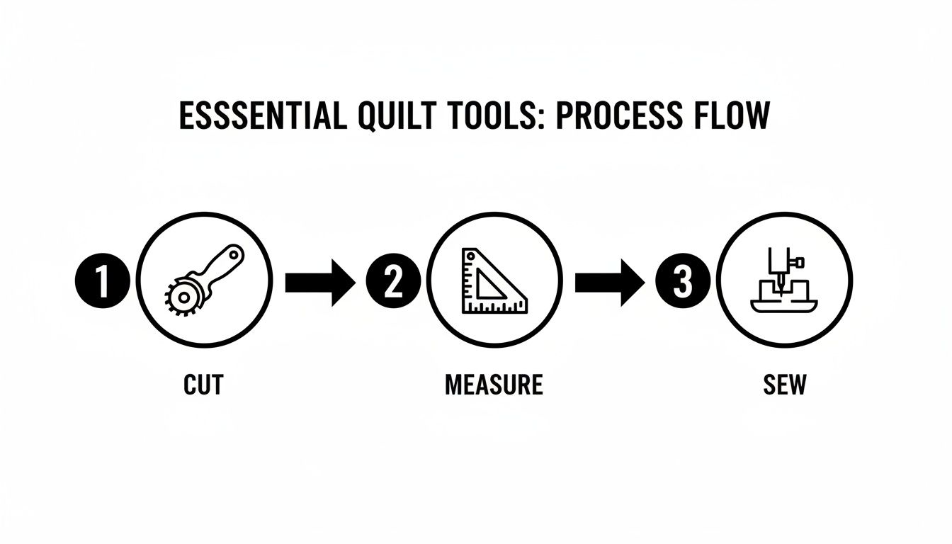 Process flow diagram illustrating essential quilt tools in a three-step sequence: cut, measure, and sew.
