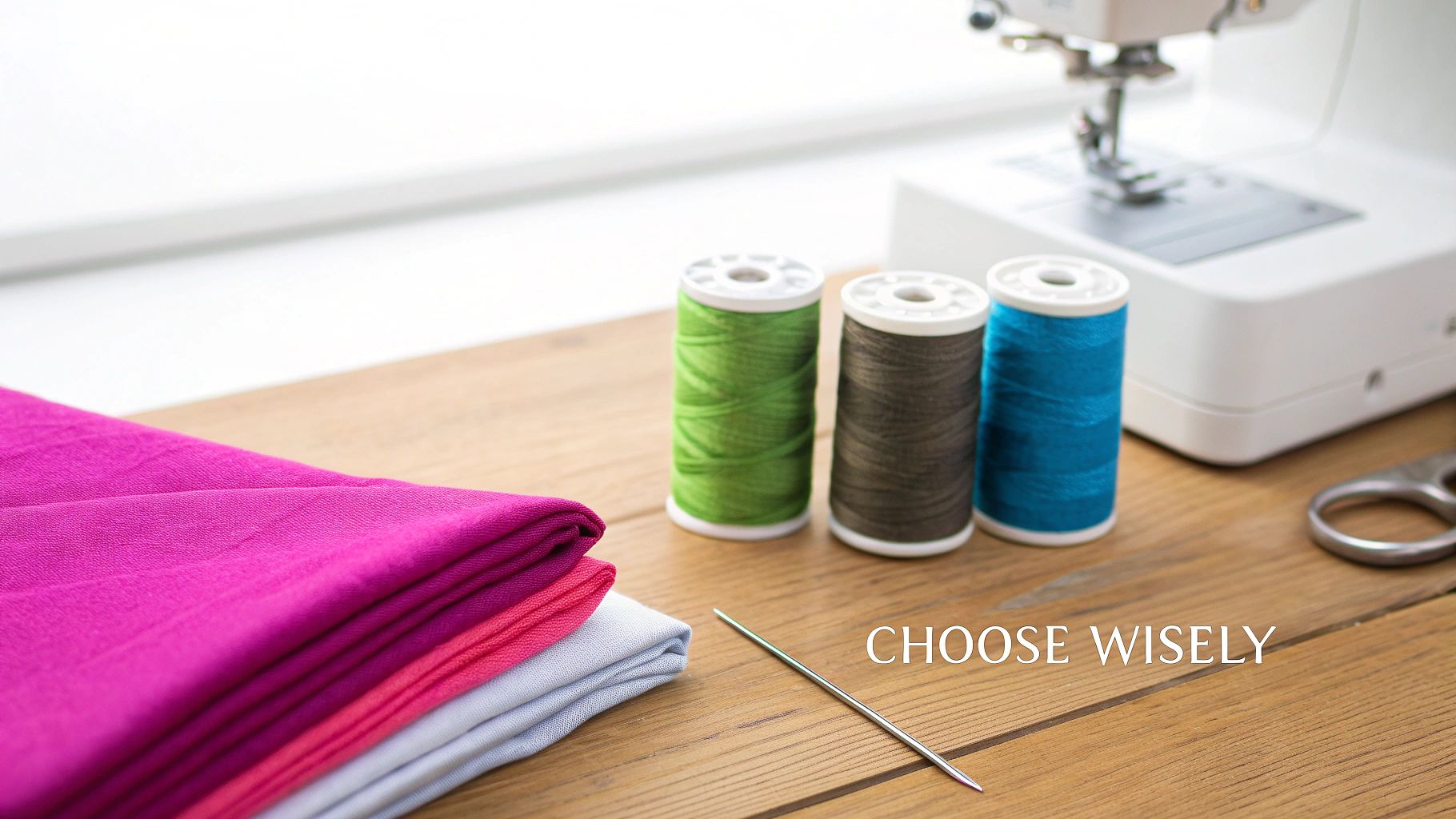 Various spools of colorful sewing thread arranged neatly