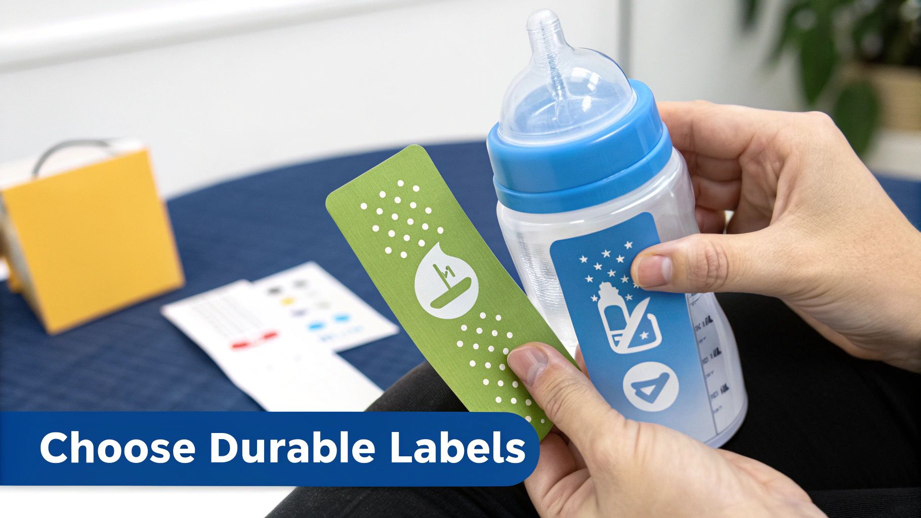 Close-up of hands holding a baby bottle with a label, and a separate durable label for babies.
