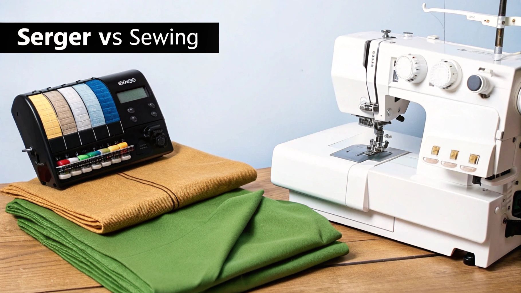 A person using a serger machine on a blue fabric.