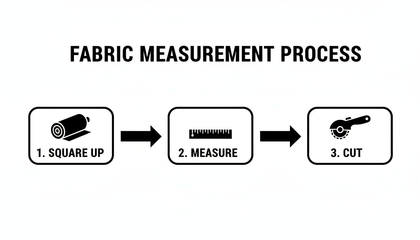 A three-step diagram illustrates the fabric measurement process: square up the fabric roll, measure with a ruler, and cut.
