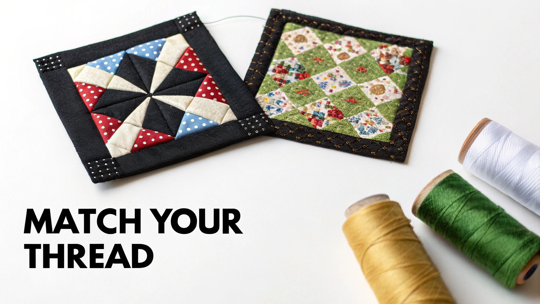 Two colorful quilted patches with various patterns and three spools of sewing thread.