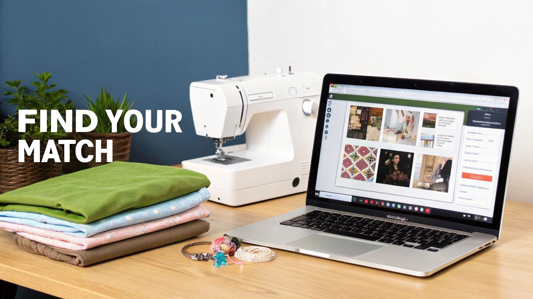 A crafting workspace featuring folded fabrics, a sewing machine, and a laptop displaying creative images.