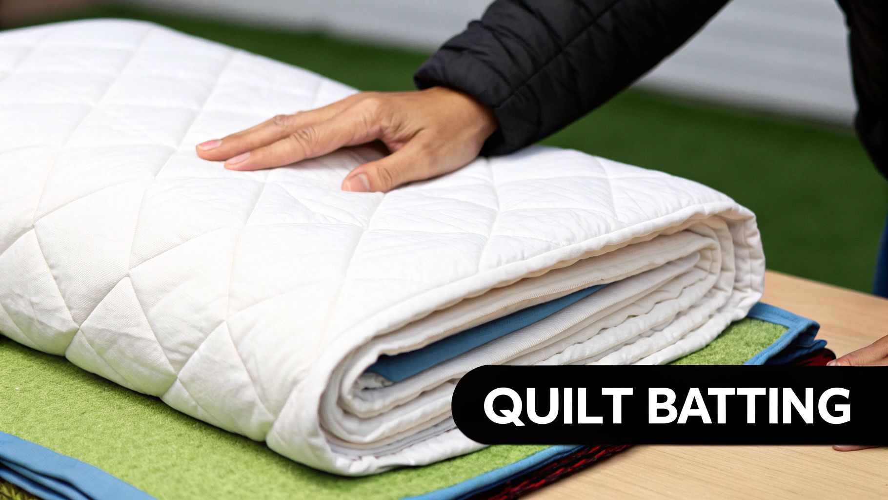 Hand pressing rolled white quilted batting on green surface showing layers and texture