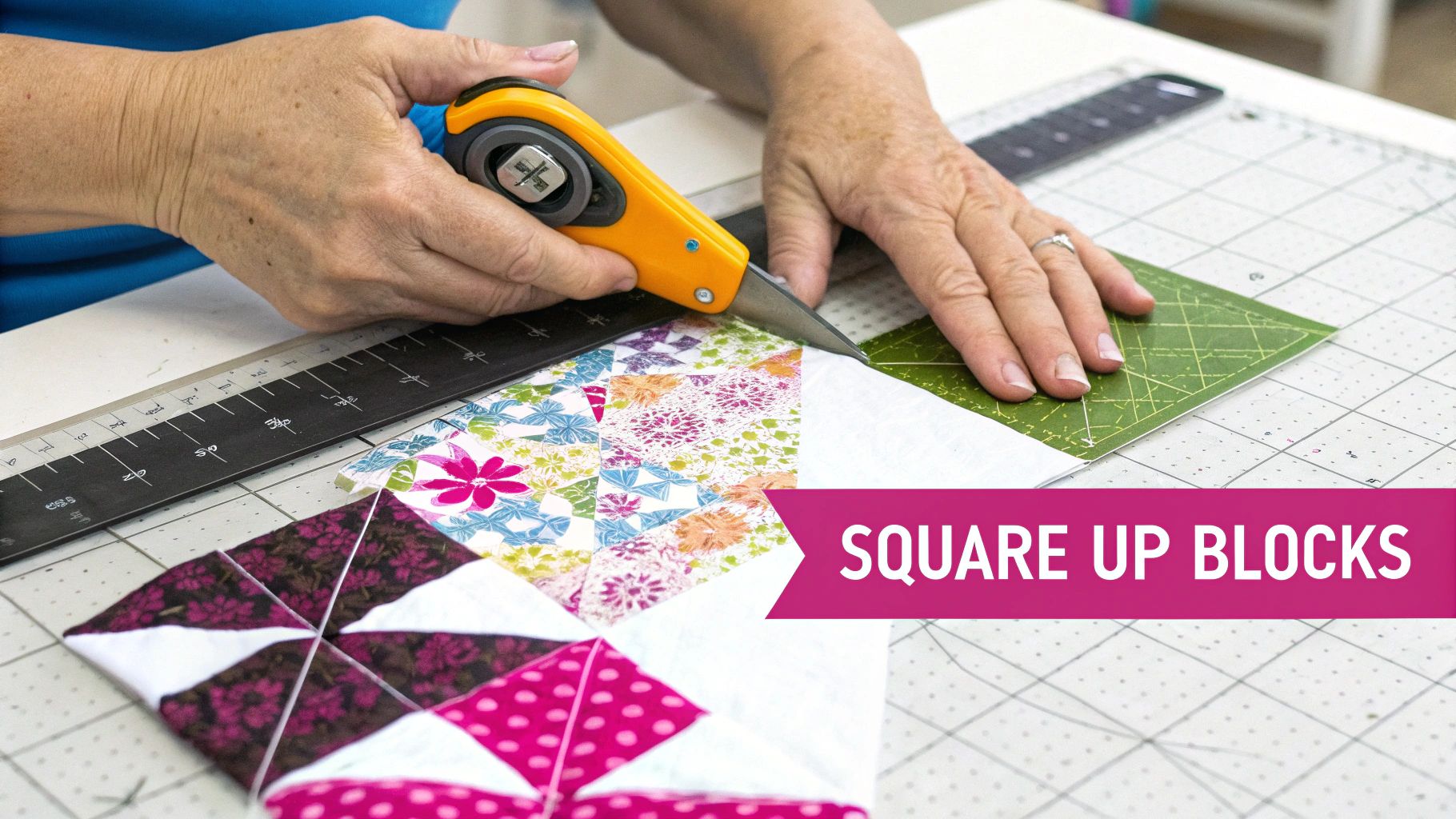 Quilter using rotary cutter and ruler to square up colorful fabric quilt blocks on cutting mat