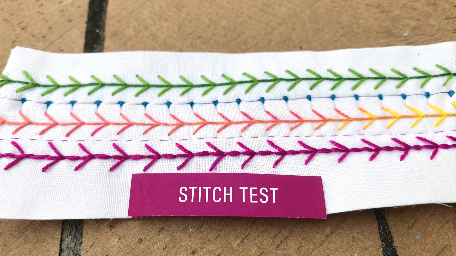 A stitch test on fabric showing contrasting threads to diagnose tension issues.