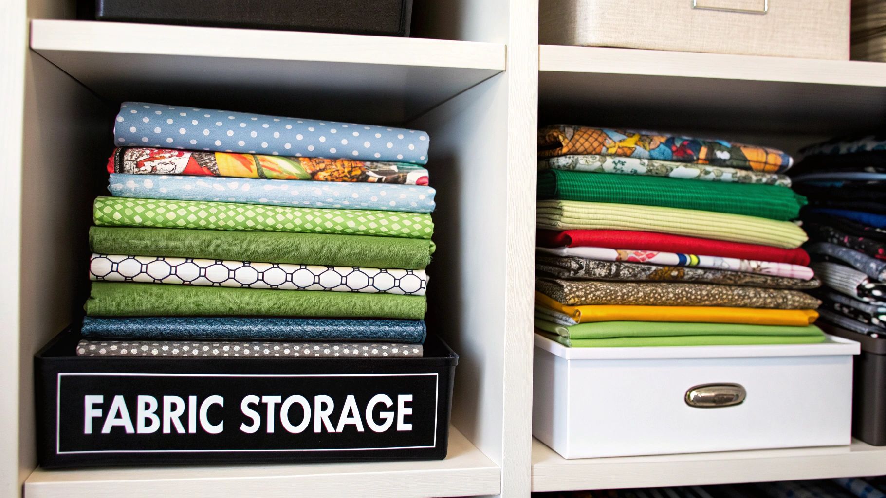 A stack of neatly folded fat quarters in various colors and patterns.