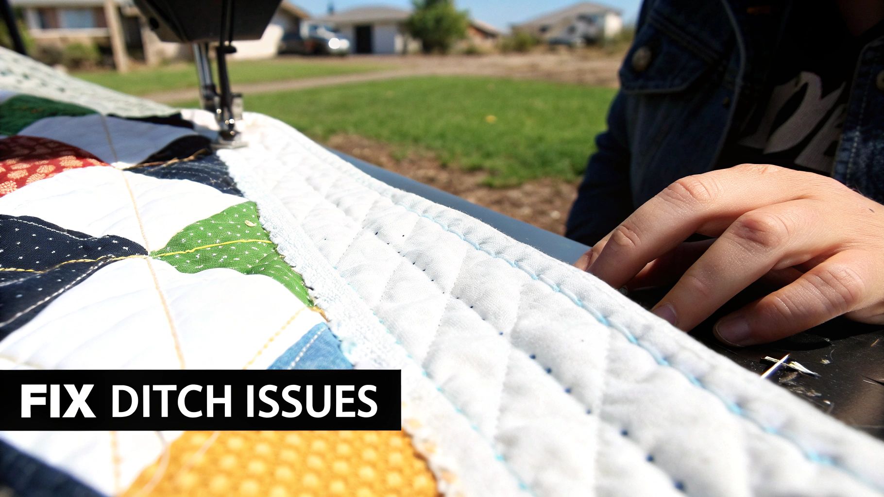 Close-up of hands guiding a colorful quilt under a sewing machine needle outdoors.