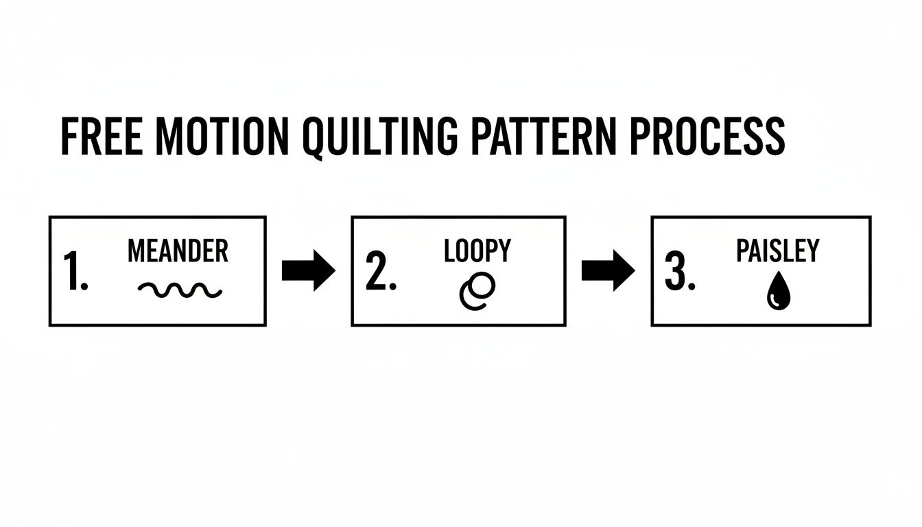 Diagram illustrating a free motion quilting pattern process with three steps: meander, loopy, and paisley.