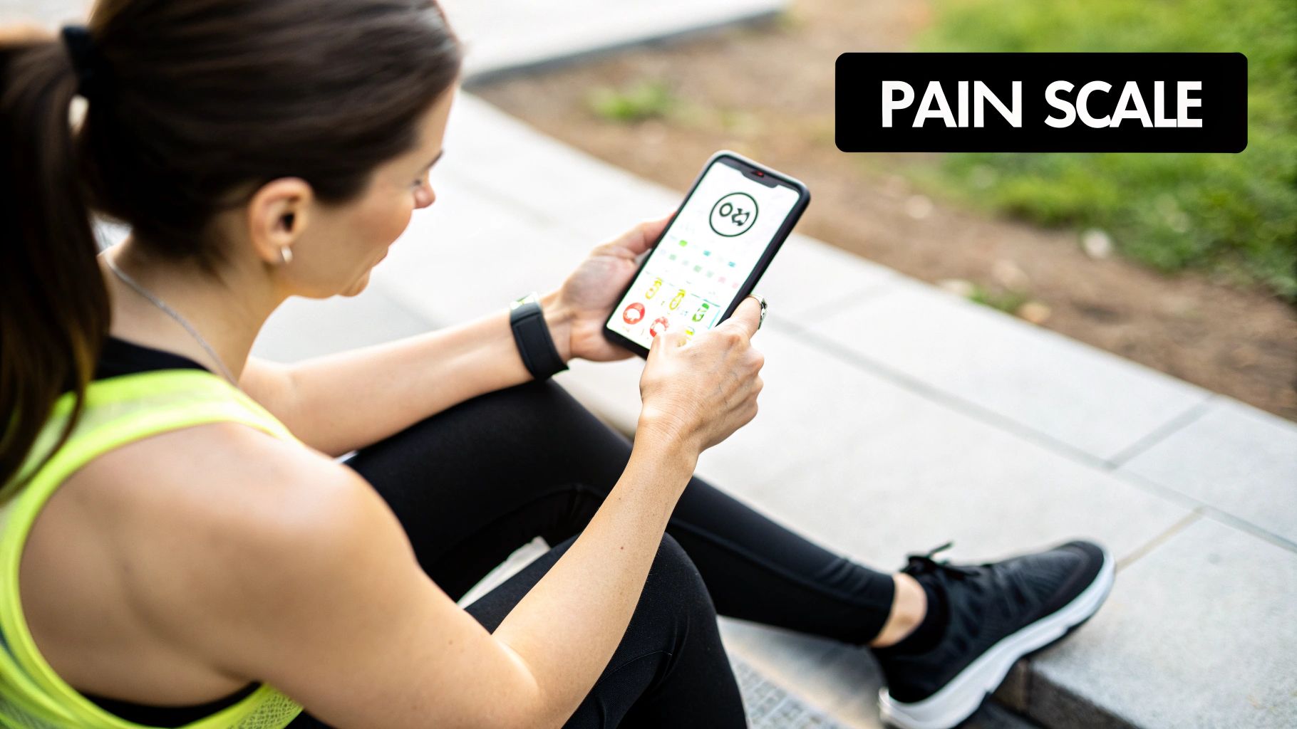A woman in workout clothes sits outdoors, using a pain scale app on her smartphone.
