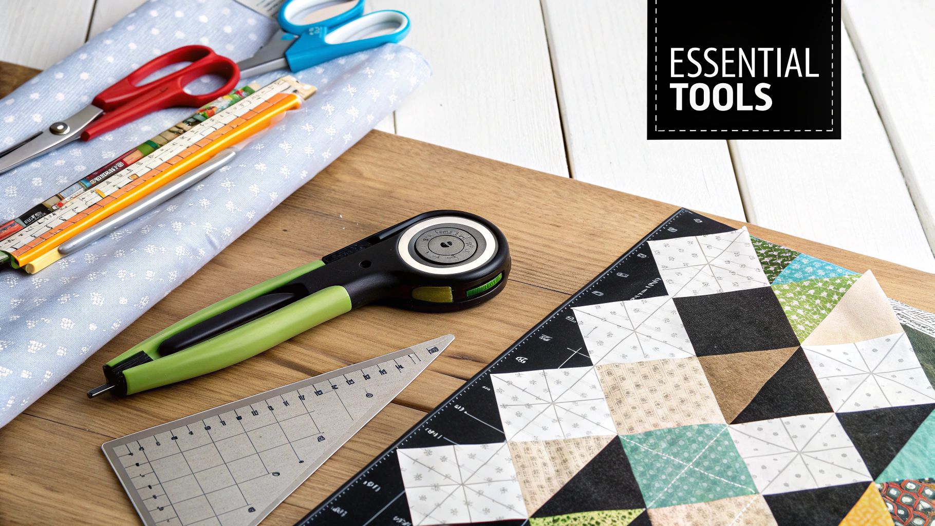 A vibrant collection of quilting fabrics, threads, and tools laid out on a table, ready for a project.