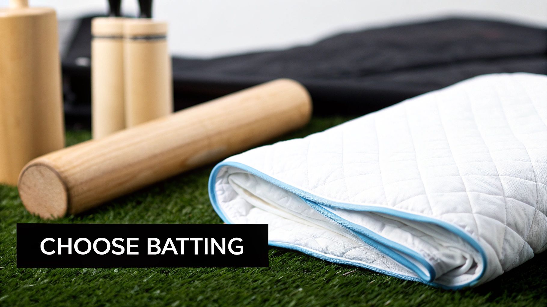 A folded white quilted batting with blue trim lying on green artificial grass, with cricket equipment in the background.