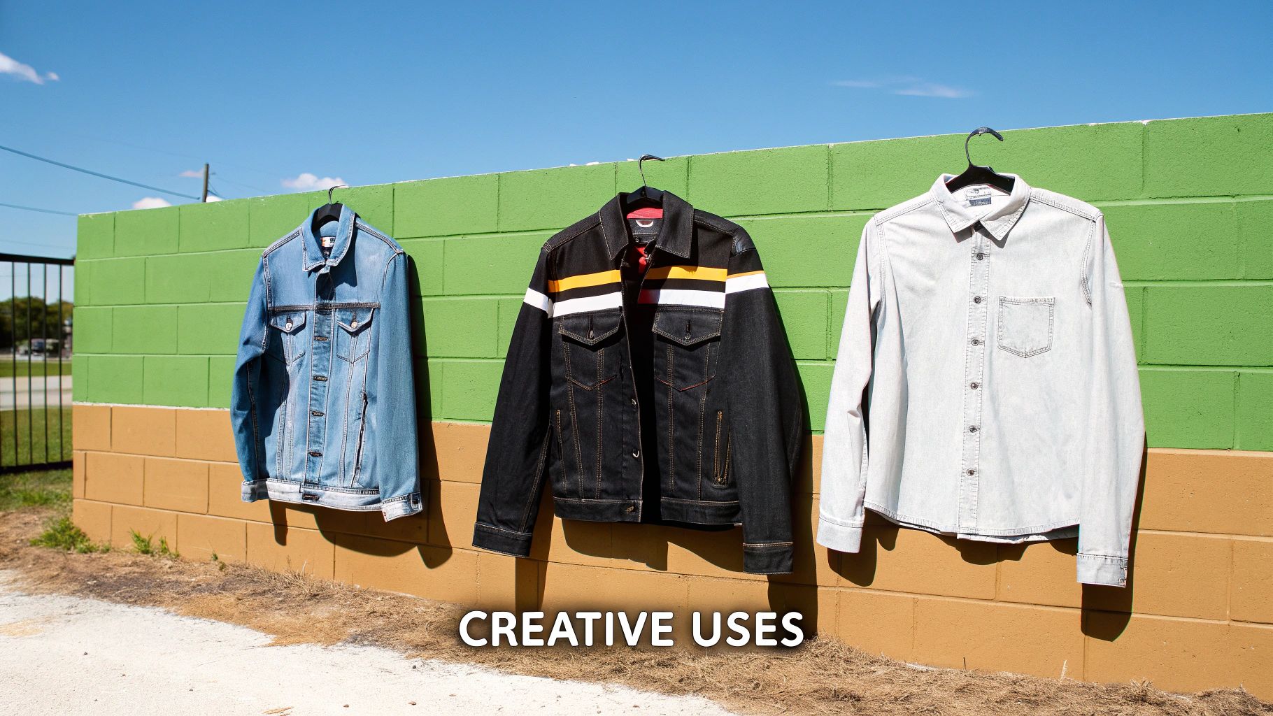 Three diverse jackets, a denim, a striped, and a light shirt, hang on a vibrant wall with 'CREATIVE USES' text.