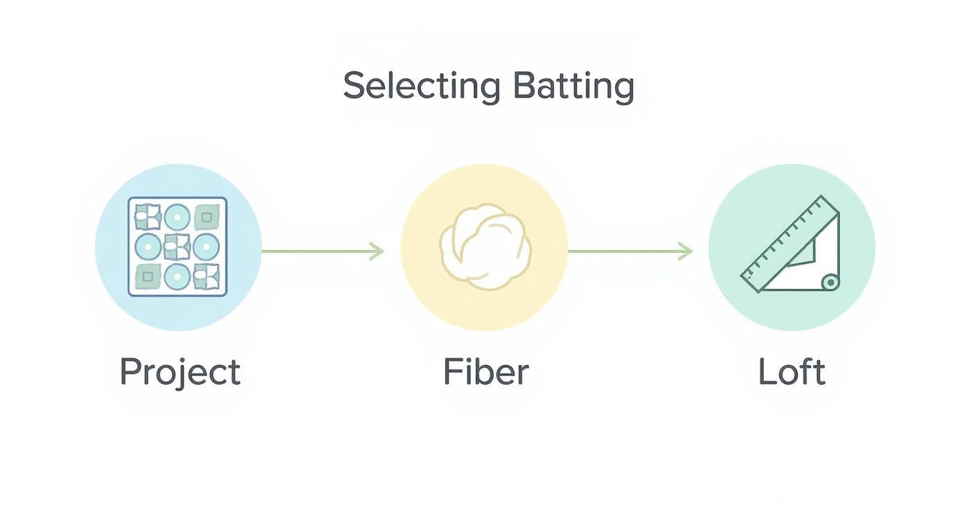 A flowchart titled 'Selecting Batting' illustrating steps: Project, Fiber, and Loft with respective icons.