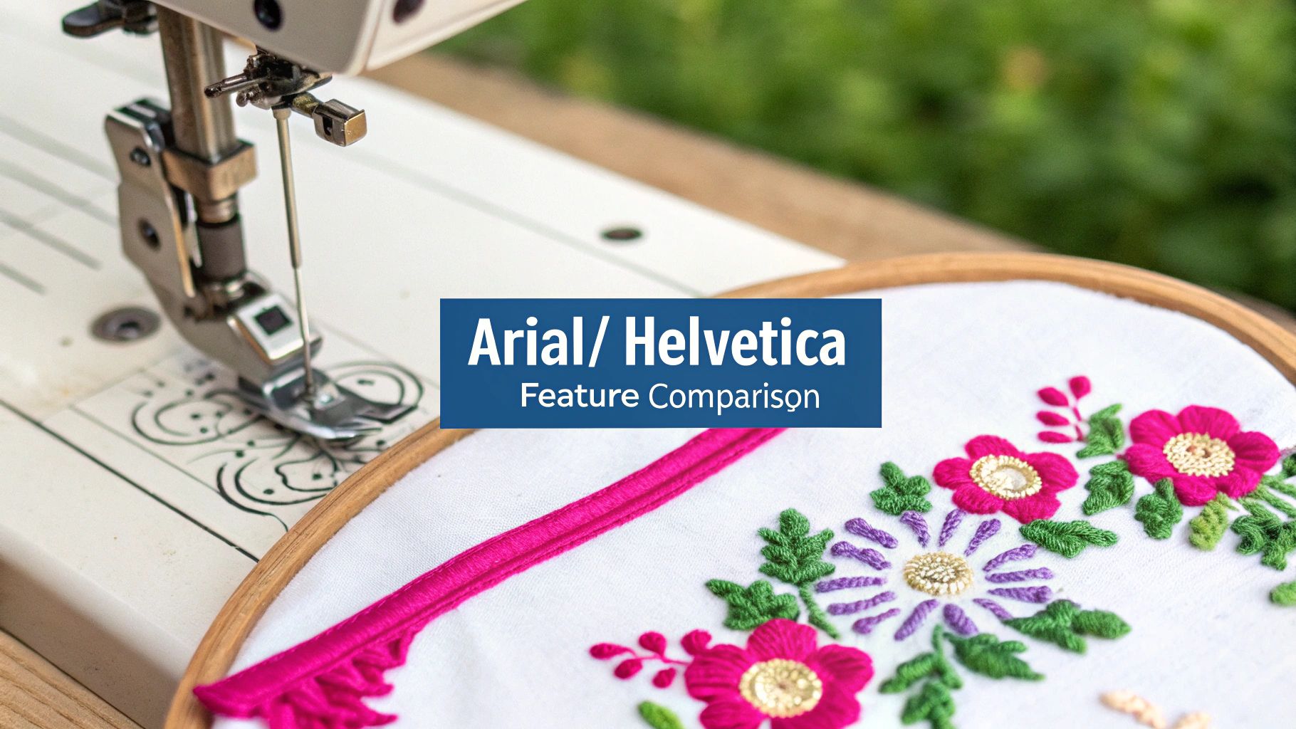 A sewing machine and an embroidery hoop with vibrant pink and purple floral designs, featuring text overlay.