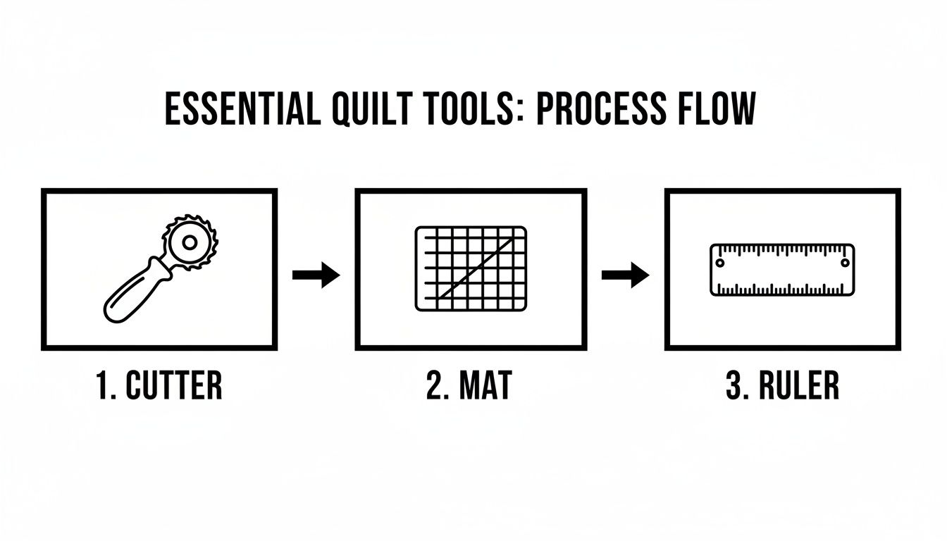 A process flow diagram illustrating essential quilt tools: a rotary cutter, a cutting mat, and a ruler.