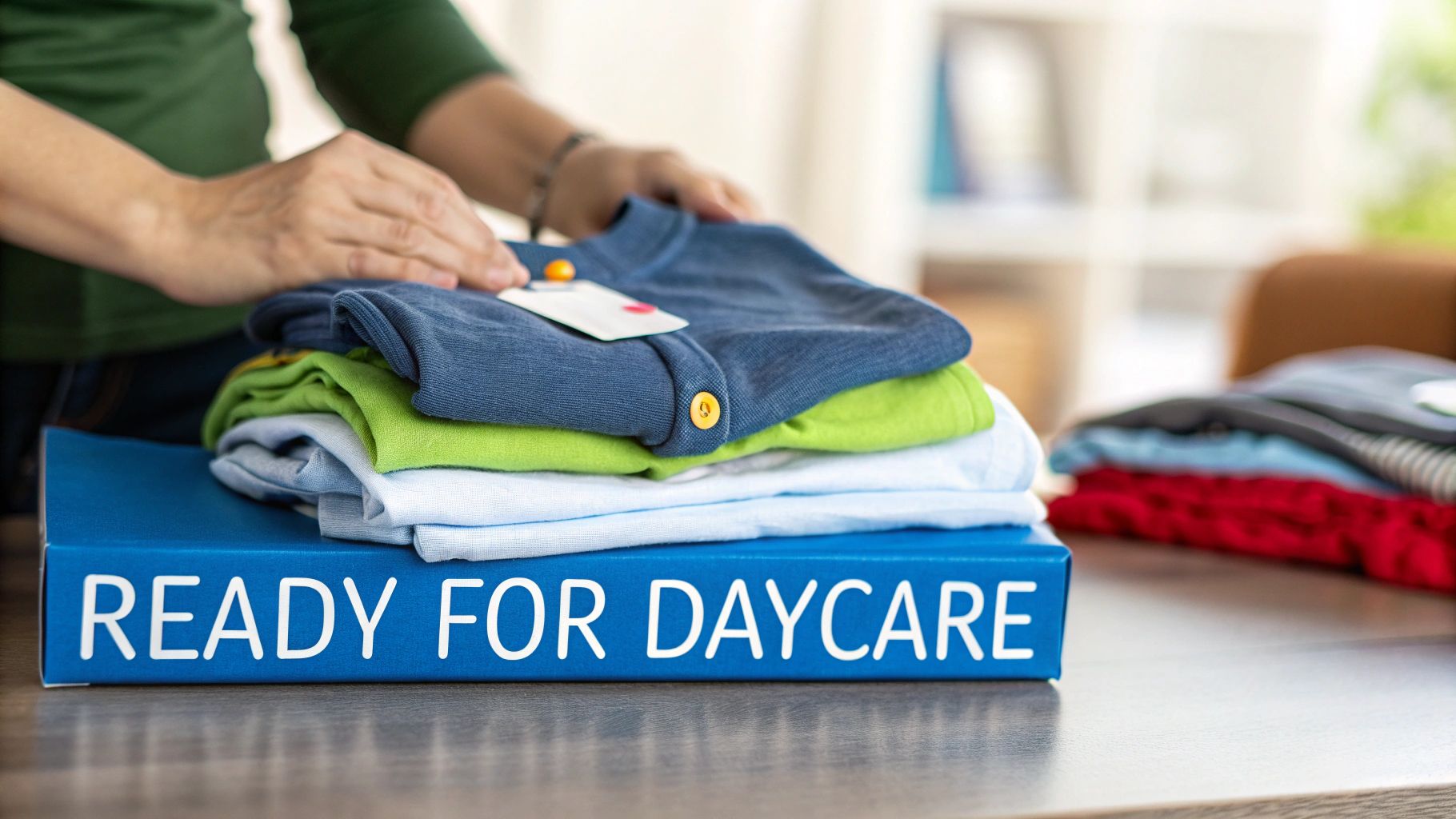 A person folds a stack of clean clothes, including blue, green, and white shirts, on a blue box labeled 'READY FOR DAYCARE'.