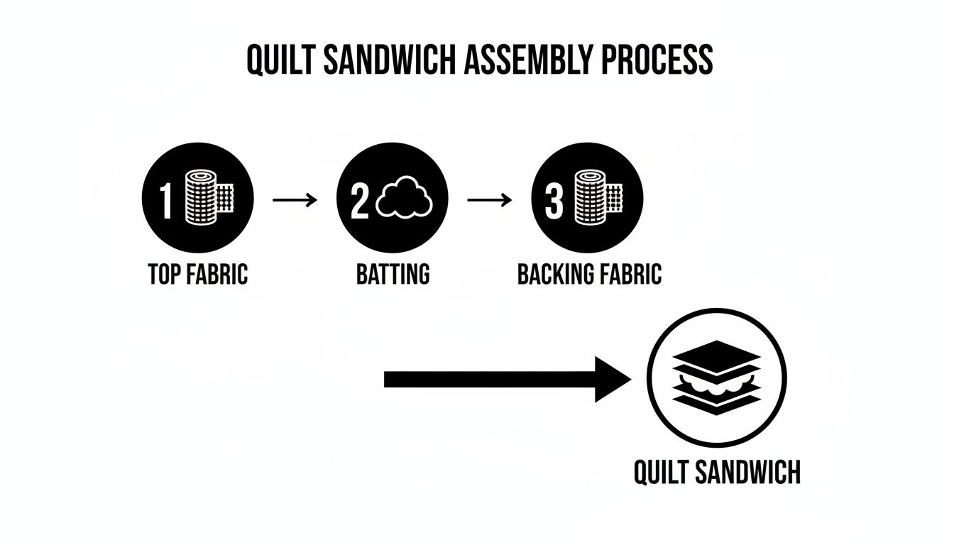 Diagram showing the quilt sandwich assembly process: top fabric, batting, and backing fabric combine.