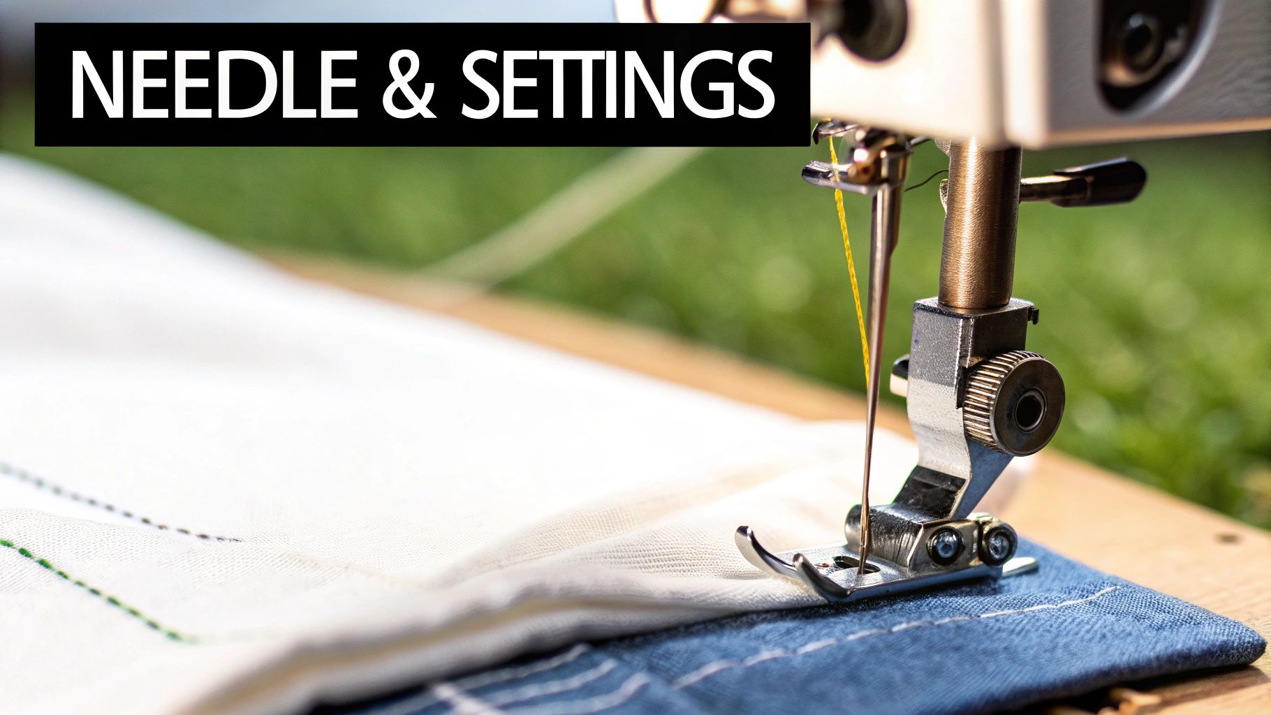 Close-up of a sewing machine needle with yellow thread, pressing foot, and fabric. Text: "NEEDLE & SETTINGS".