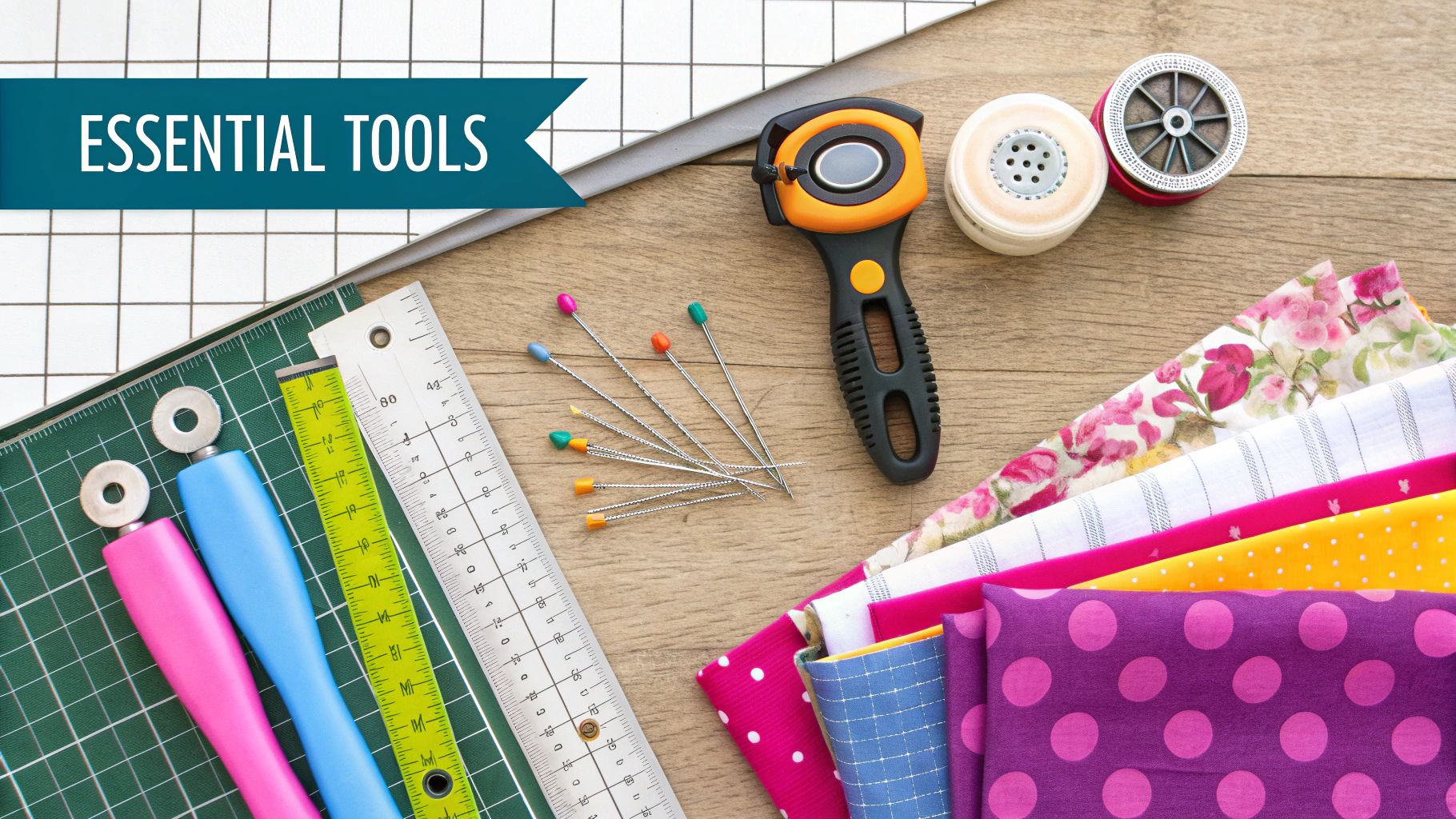 A collection of quilting tools including a rotary cutter, self-healing mat, rulers, and colorful fabric scraps.