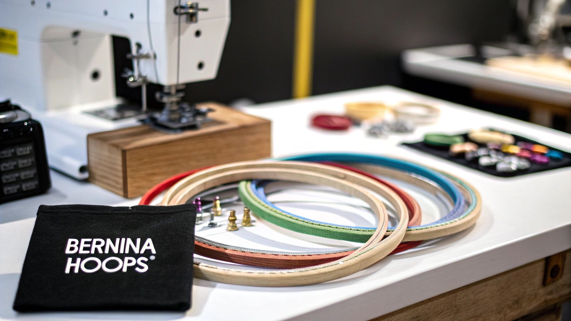 Bernina embroidery machine and various colorful hoops, thimbles, and sewing accessories on a white table.