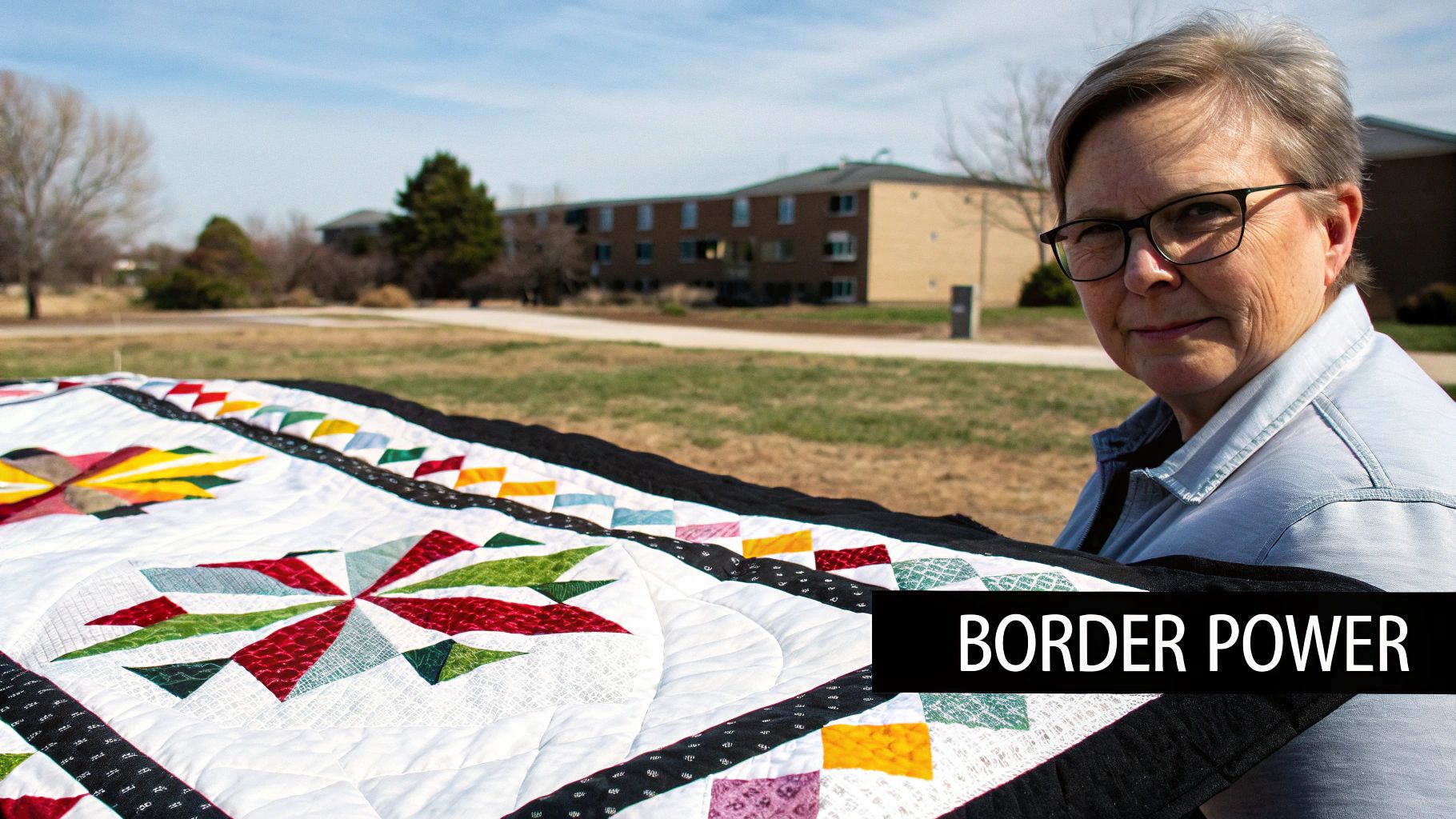 A woman in glasses holds a colorful quilt with geometric patterns outdoors on a sunny day.