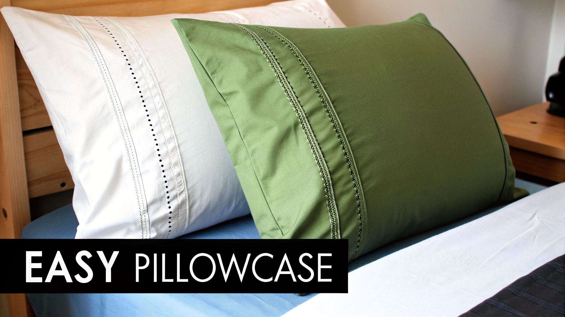 Two decorative pillowcases, white and green, with elegant trim and embroidery on a wooden bed.