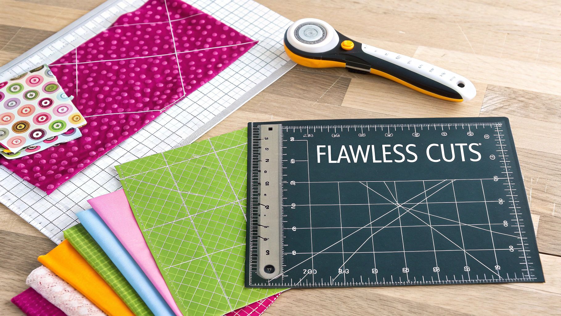 A collection of colorful quilting ruler templates arranged on a wooden surface.