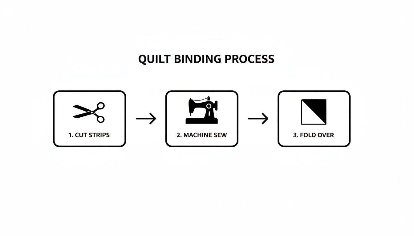 A step-by-step diagram illustrating the quilt binding process: cut strips, machine sew, and fold over.