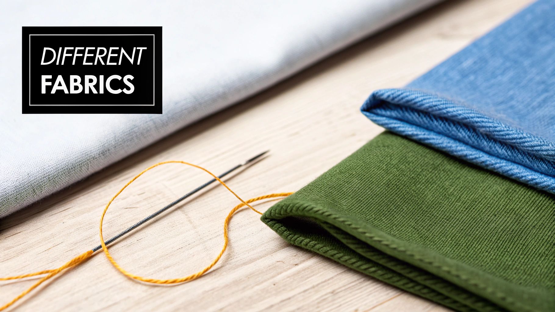 A close-up of different fabric types: light blue, blue denim, and green twill, with a needle and thread on wood.