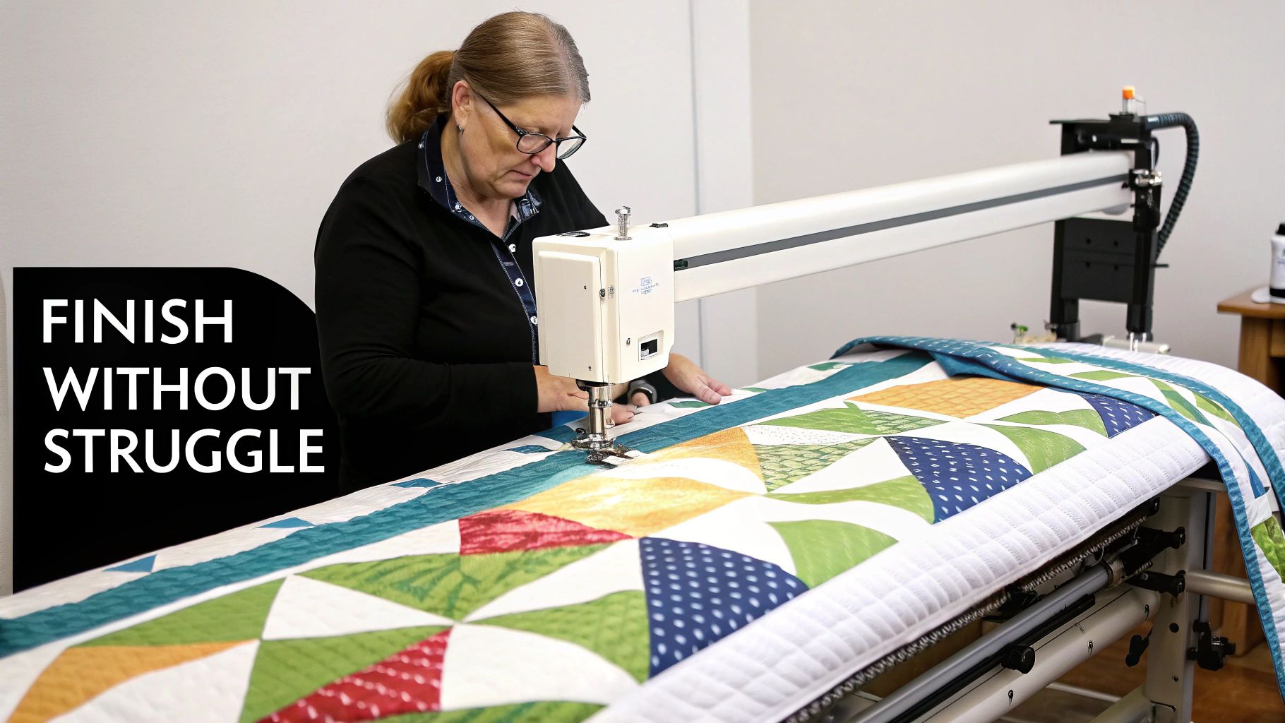 A woman with glasses operates a longarm quilting machine, working on a colorful, patterned quilt with text overlay.