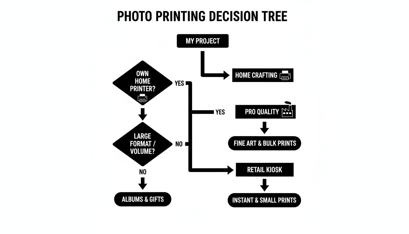 A photo printing decision tree flowchart guiding users on where to print based on project needs.